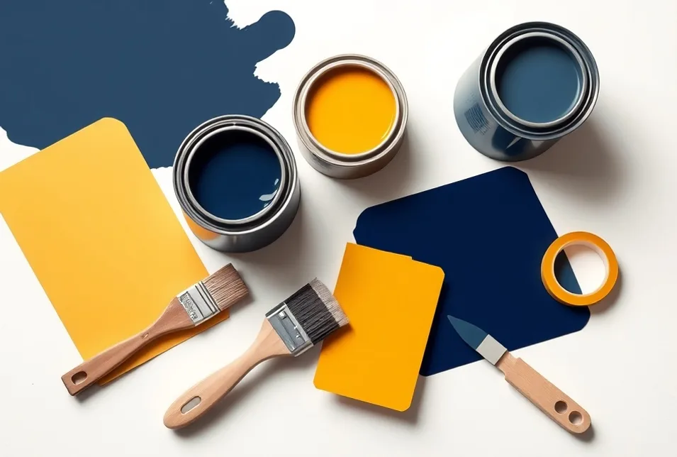 Pots de peinture, nuancier, brosses et rouleaux disposés à plat