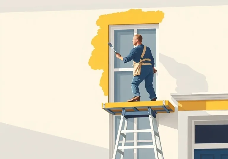 Peintre sur échafaudage traitant la façade d'une maison